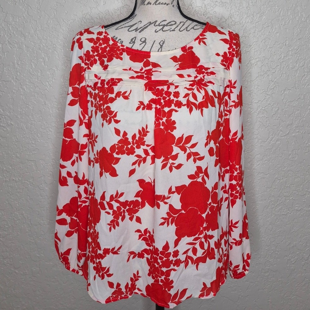 LOFT Outlet Red White Floral Long Sleeve Pleated Blouse Petite Medium MP